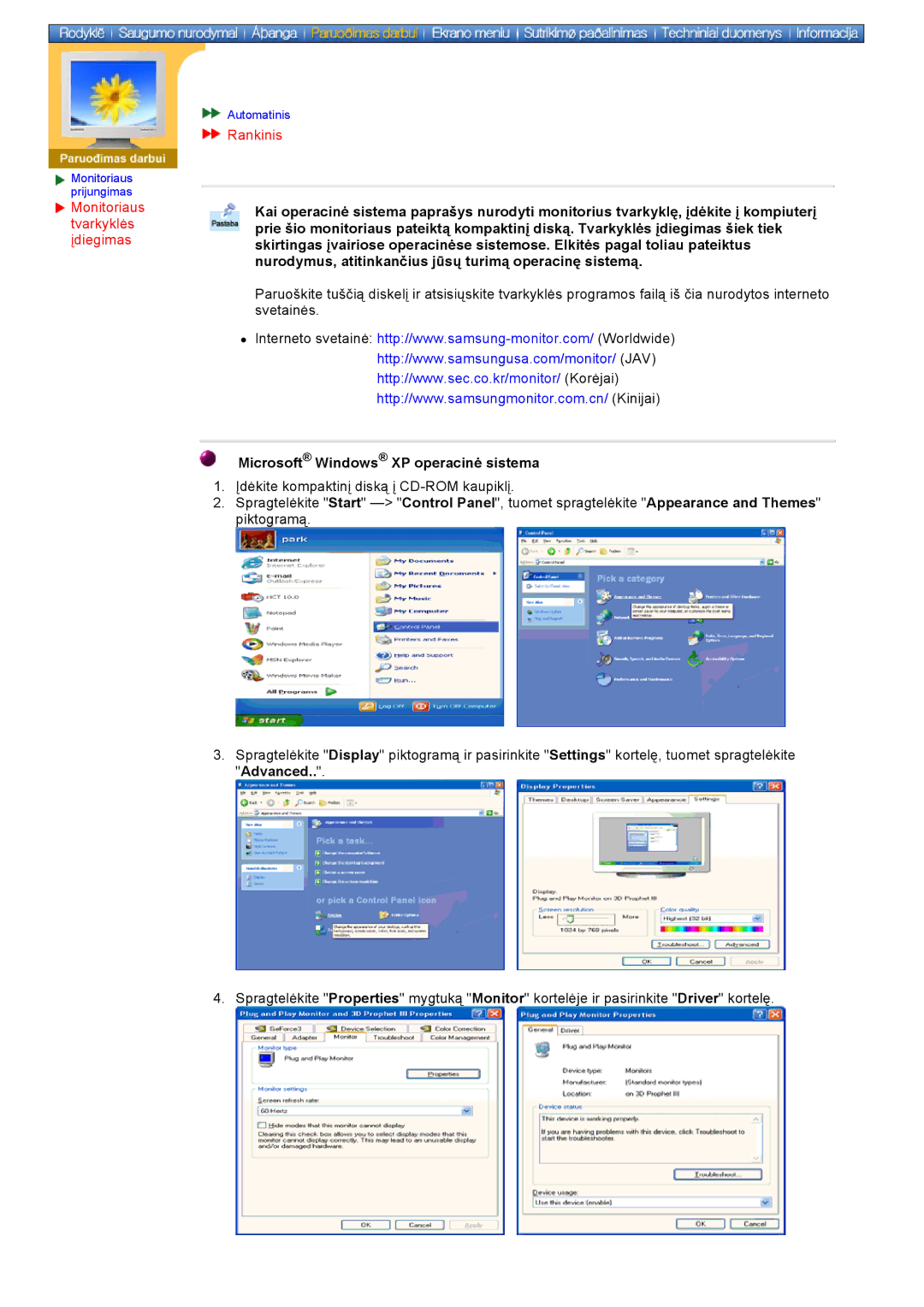 Samsung DS17BSDS/EDC, DS15ASDS/EDC manual Monitoriaus tvarkyklės įdiegimas, Rankinis, Microsoft Windows XP operacinė sistema 