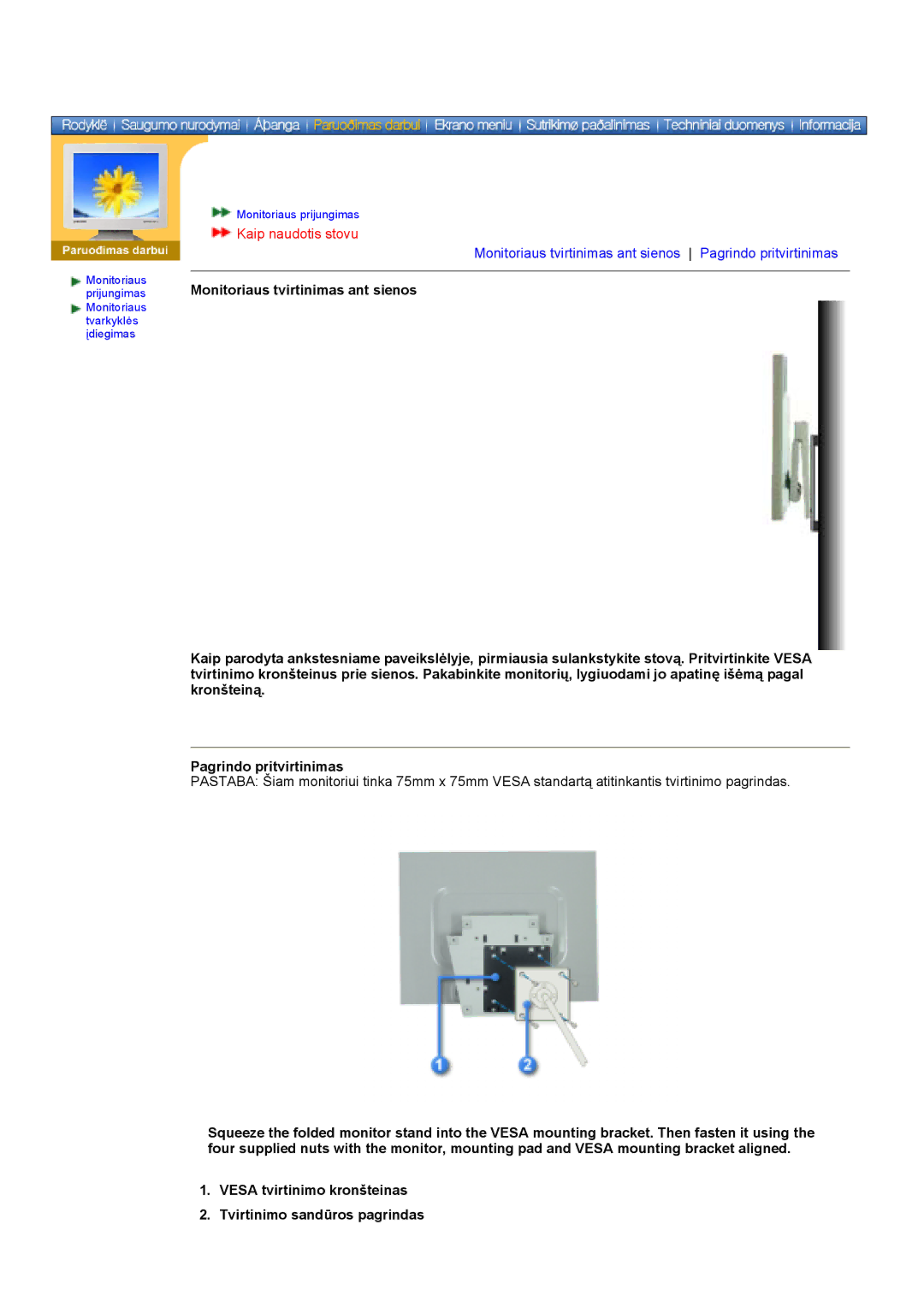 Samsung DS17BSDS/EDC, DS15ASDS/EDC manual Kaip naudotis stovu, Monitoriaus tvirtinimas ant sienos 