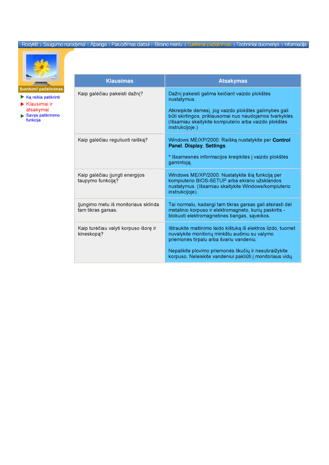 Samsung DS15ASDS/EDC, DS17BSDS/EDC manual Klausimai ir Atsakymai, Panel, Display, Settings 