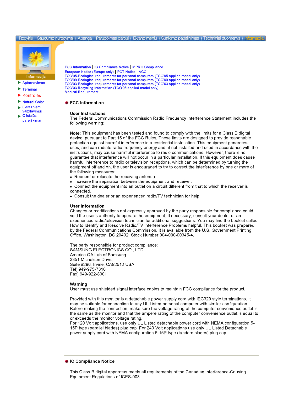 Samsung DS17BSDS/EDC, DS15ASDS/EDC Kontrolės, FCC Information User Instructions, User Information, IC Compliance Notice 