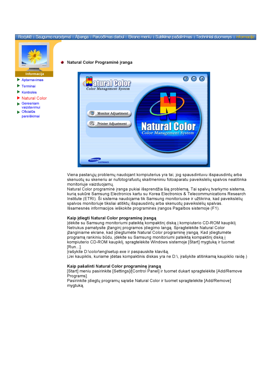 Samsung DS15ASDS/EDC, DS17BSDS/EDC manual Natural Color Programinė įranga, Kaip įdiegti Natural Color programinę įrangą 