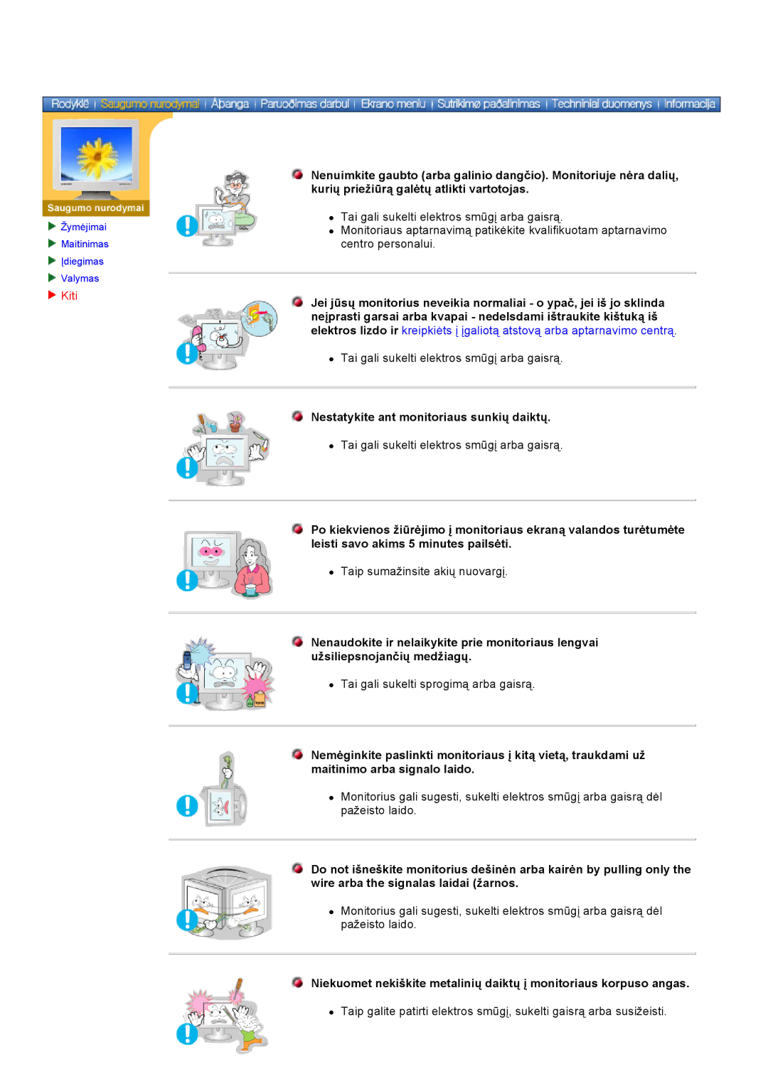 Samsung DS17BSDS/EDC, DS15ASDS/EDC manual Kiti, Nestatykite ant monitoriaus sunkių daiktų 