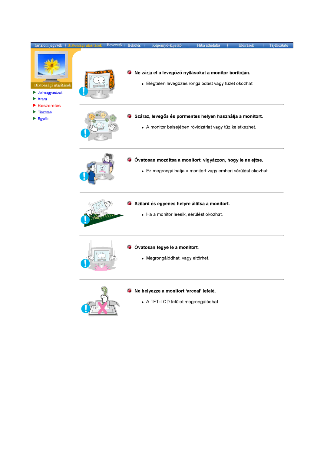 Samsung DS15ASDS/EDC, DS17BSDS/EDC manual Ne zárja el a levegőző nyilásokat a monitor boritóján 