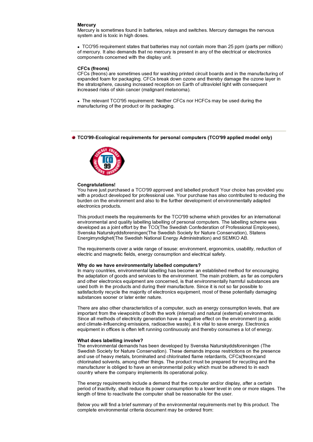 Samsung DS17BSDS/EDC manual Mercury, CFCs freons, Why do we have environmentally labelled computers? 