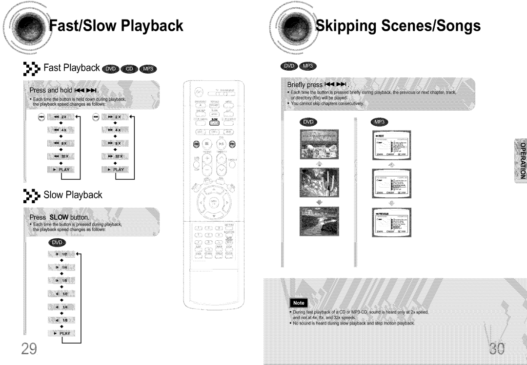 Samsung DS660T manual pping Scenes/S0ng, Fast Playback, _,_, Slow Playback, ii ii ¸¸¸122¸¸i¸!!i!_;iiii!!!!!!__ii 