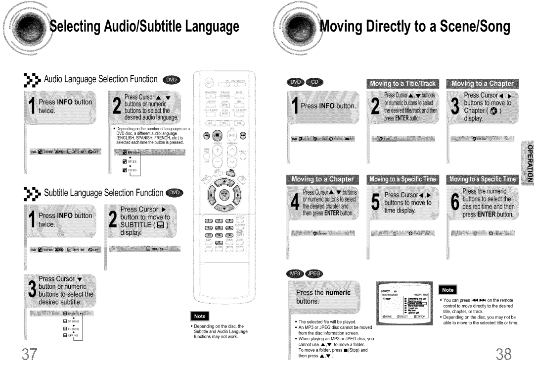 Samsung DS660T manual Audio/SubtitleLanguage, Directlyto Scene/Song, AudioLanguageSelectionFunction, bu tto to 