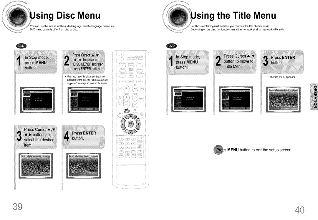 Samsung DS660T Disc Menu, sing the Title Menu, e _la......._, p ss_@_R, _tt_ Ov_, MENU button to exit the setup screen 