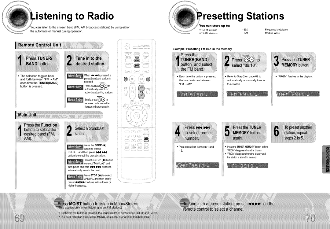 Samsung DS660T ing to Radio, resetting Stations, Brief,ypressto, iiiiii,,button, PEesetheSTOPto select, PressandheldO to 