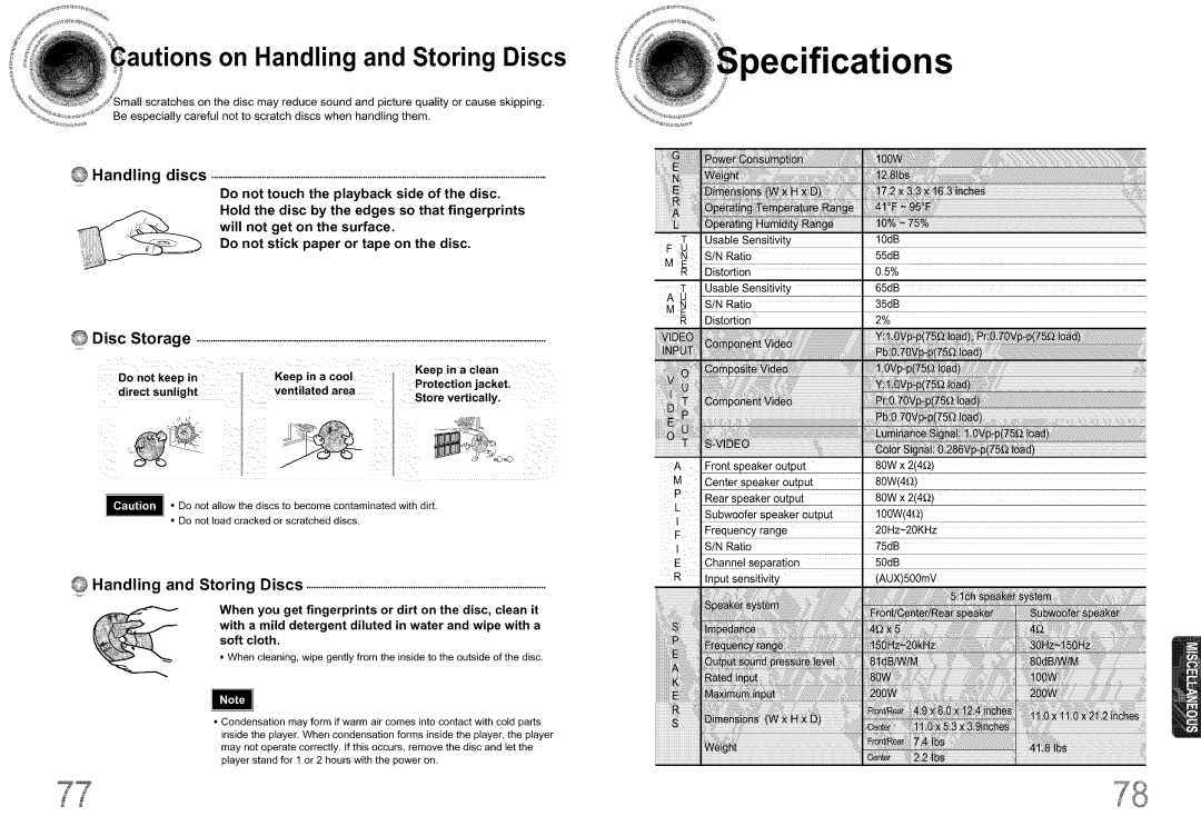 Samsung DS660T ifications, autions on Handling and Storing Discs, iiii, @ Handling, discs, i:_I, i:ilii!i:@@ii!i!ii, cet_ 