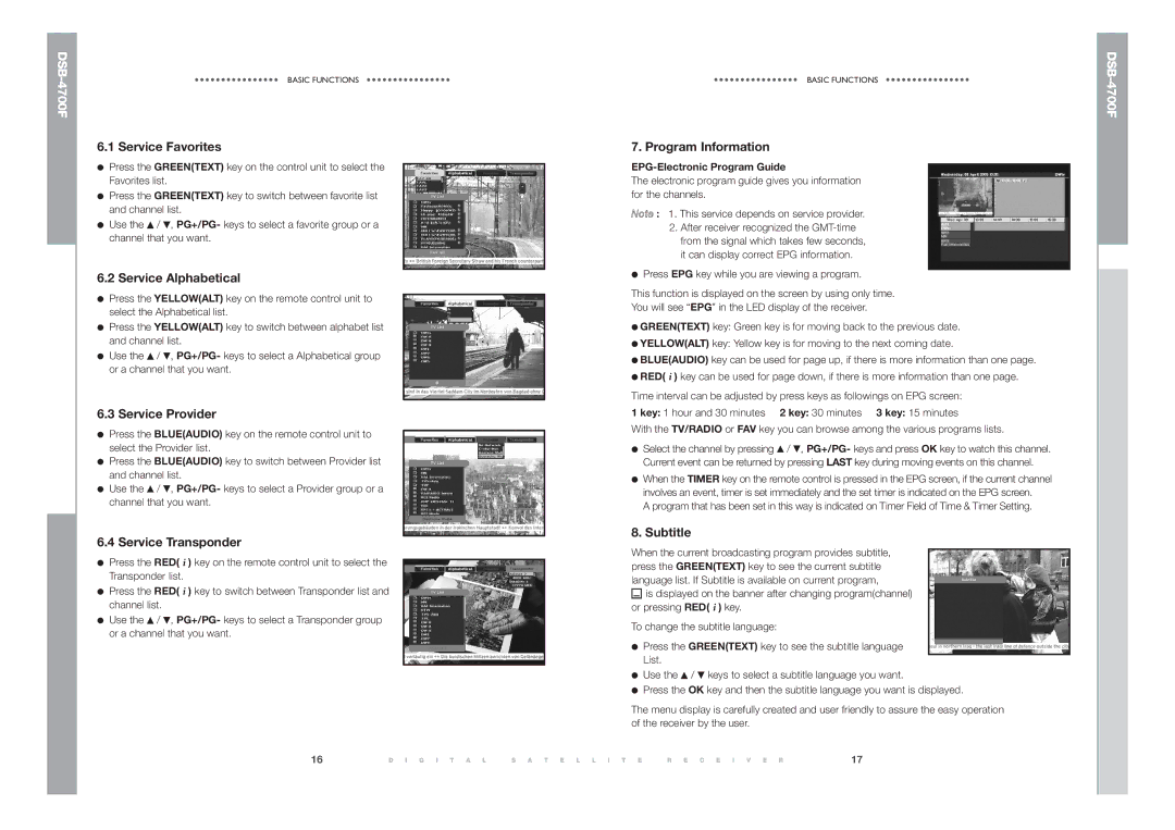 Samsung DSB-4700F Service Favorites, Service Alphabetical, Service Provider, Service Transponder, Program Information 