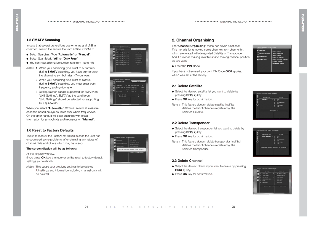 Samsung DSB-4700F manual Reset to Factory Defaults, Delete Satellite, Delete Transponder, Delete Channel 