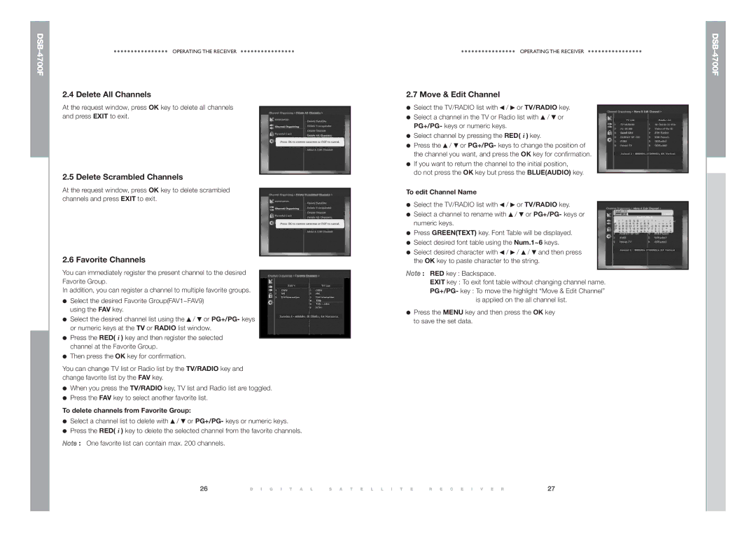 Samsung DSB-4700F manual Delete All Channels, Delete Scrambled Channels, Favorite Channels, Move & Edit Channel 