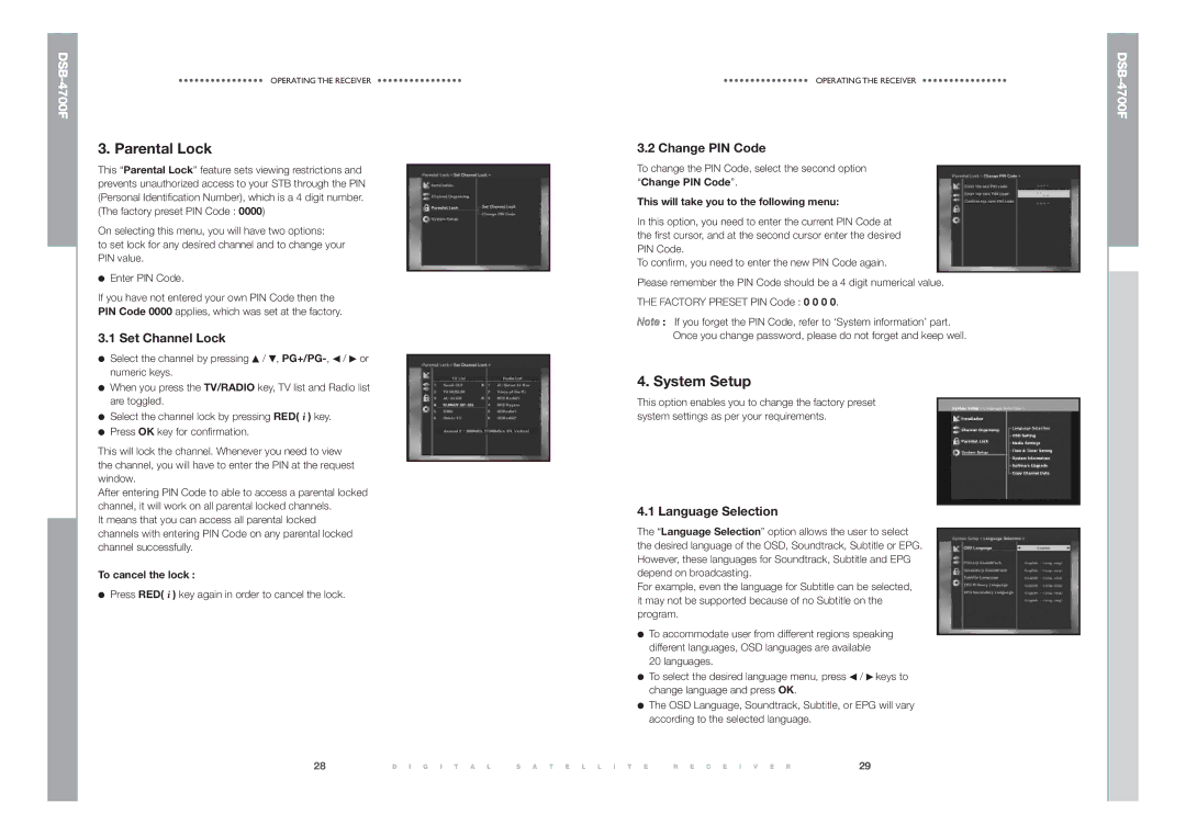 Samsung DSB-4700F manual Set Channel Lock, Change PIN Code, Language Selection, To cancel the lock 