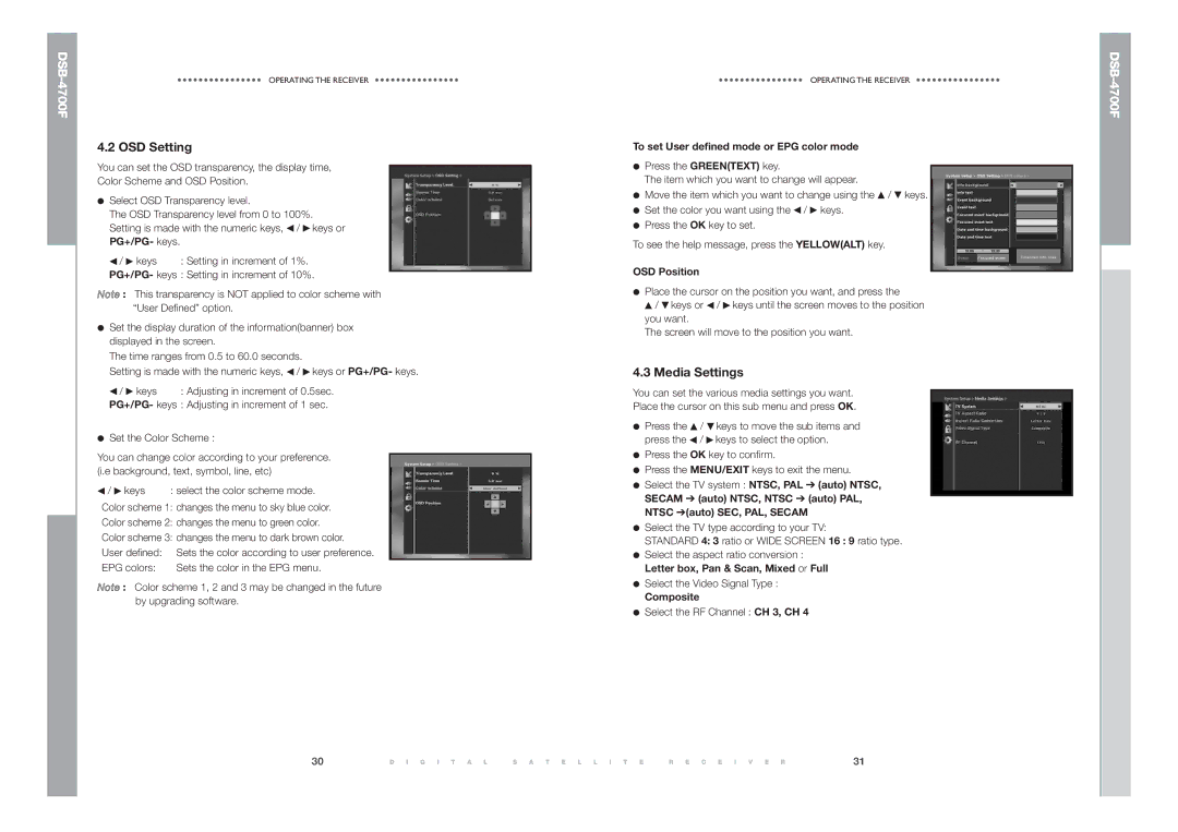 Samsung DSB-4700F manual OSD Setting, Media Settings, To set User defined mode or EPG color mode, OSD Position, Composite 