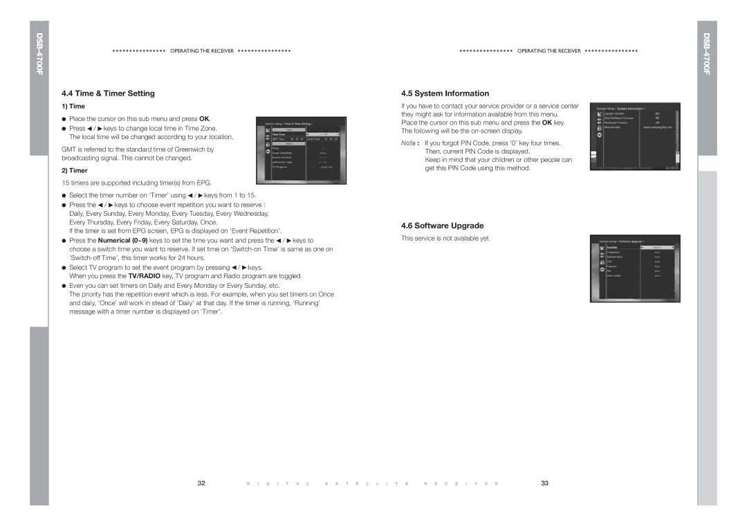 Samsung DSB-4700F manual Time & Timer Setting System Information, Software Upgrade 