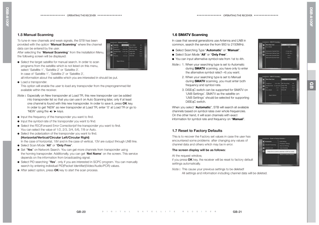 Samsung DSB-A100F manual Manual Scanning, Reset to Factory Defaults, Horizontal/Vertical/Circular Left/Circular Right 