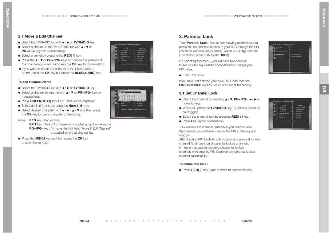 Samsung DSB-A100F manual Parental Lock, Move & Edit Channel, Set Channel Lock, To edit Channel Name, To cancel the lock 