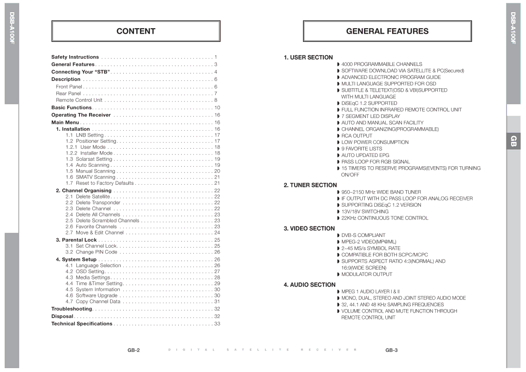 Samsung DSB-A100F manual Content General Features, User Section 