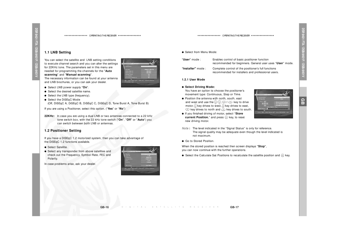 Samsung DSR  9401 FTA manual LNB Setting, Positioner Setting, User Mode Select Driving Mode 