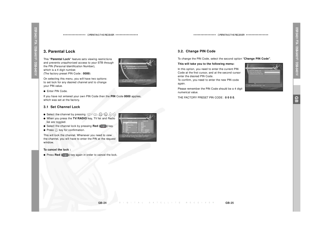 Samsung DSR  9401 FTA manual Parental Lock, Set Channel Lock, Change PIN Code, To cancel the lock 