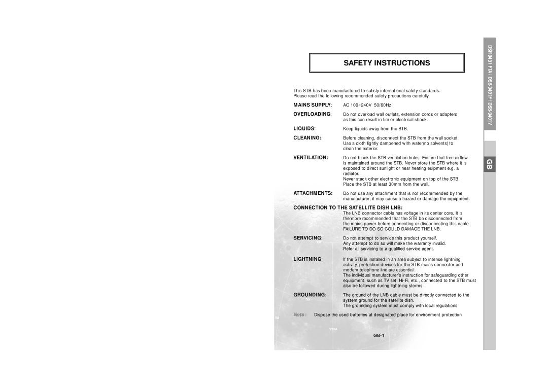 Samsung DSR  9401 FTA manual Safety Instructions, Mains Supply 