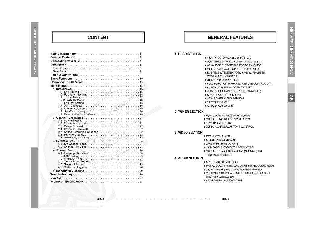 Samsung DSR  9401 FTA manual Content General Features, 9401F / DSB-9401V 