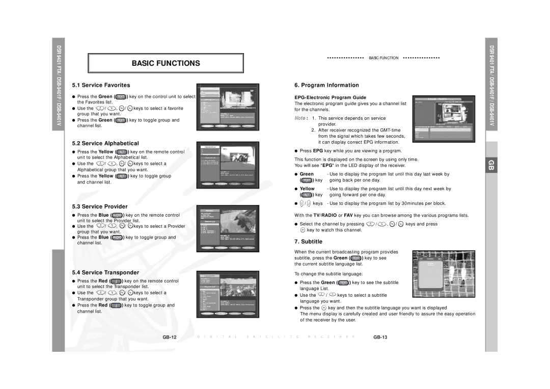 Samsung DSR  9401 FTA manual Service Favorites, Service Alphabetical, Service Provider, Program Information, Subtitle 