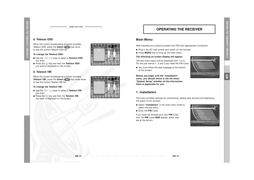 Samsung DSR  9401 FTA manual Operating the Receiver, Main Menu, Installation, Teletext OSD, Teletext VBI 