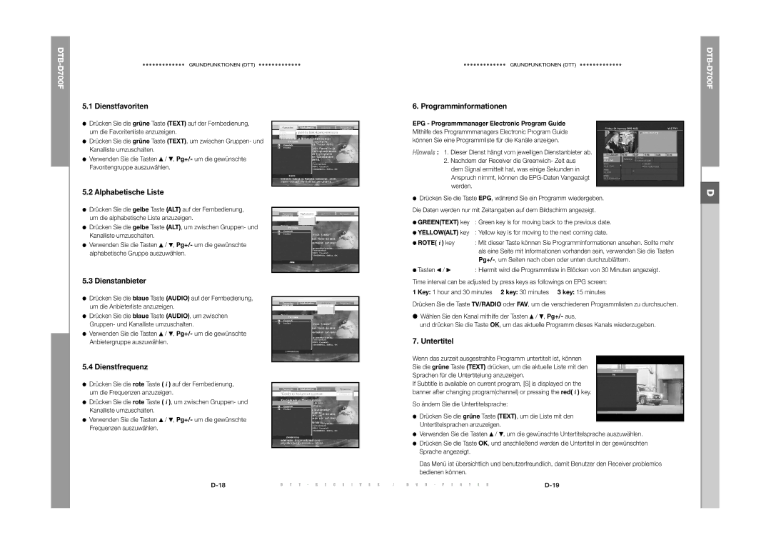 Samsung DTB-D700F Dienstfavoriten, Alphabetische Liste, Dienstanbieter, Dienstfrequenz, Programminformationen, Untertitel 