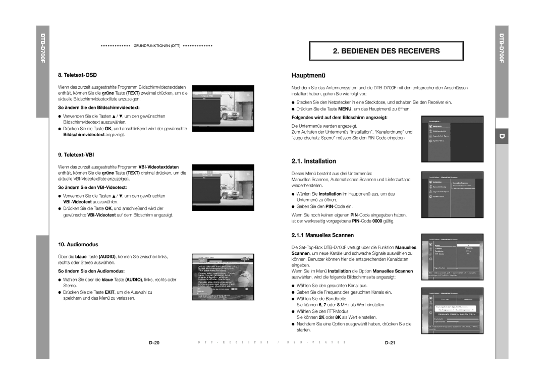Samsung DTB-D700F manual Bedienen DES Receivers, Hauptmenü, Installation 