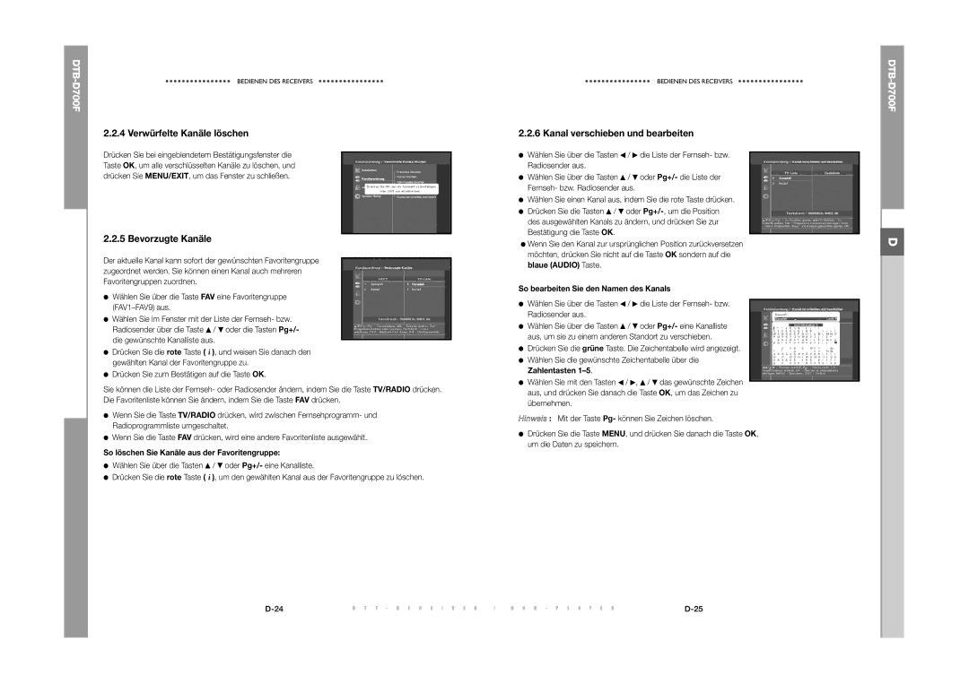 Samsung DTB-D700F manual Verwürfelte Kanäle löschen, Bevorzugte Kanäle, Kanal verschieben und bearbeiten 