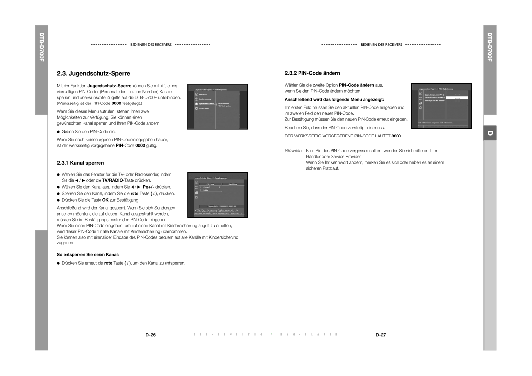 Samsung DTB-D700F manual Jugendschutz-Sperre, Kanal sperren, PIN-Code ändern, So entsperren Sie einen Kanal 