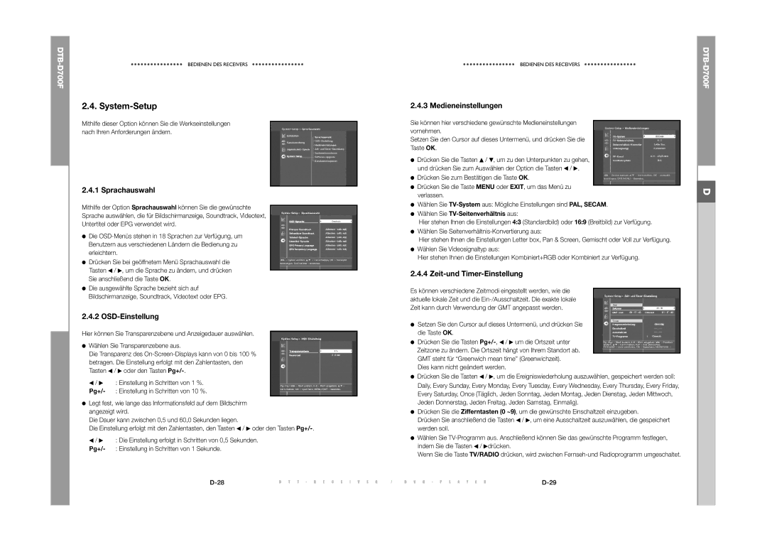 Samsung DTB-D700F manual System-Setup, Sprachauswahl, OSD-Einstellung, Medieneinstellungen, Zeit-und Timer-Einstellung 