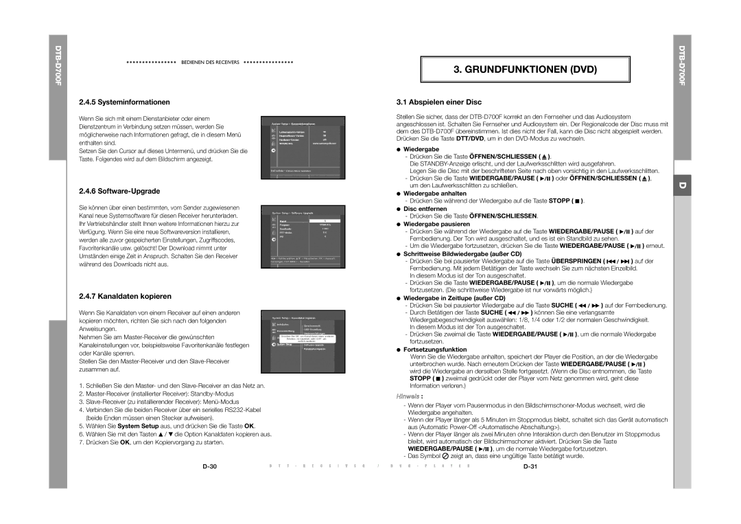 Samsung DTB-D700F Grundfunktionen DVD, Abspielen einer Disc, Kanaldaten kopieren, Systeminformationen, Software-Upgrade 