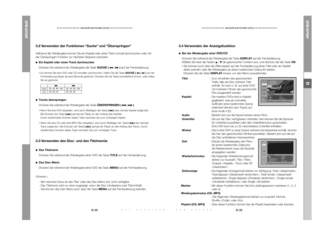 Samsung DTB-D700F manual Verwenden der Funktionen Suche und Überspringen, Verwenden des Disc- und des Titelmenüs 