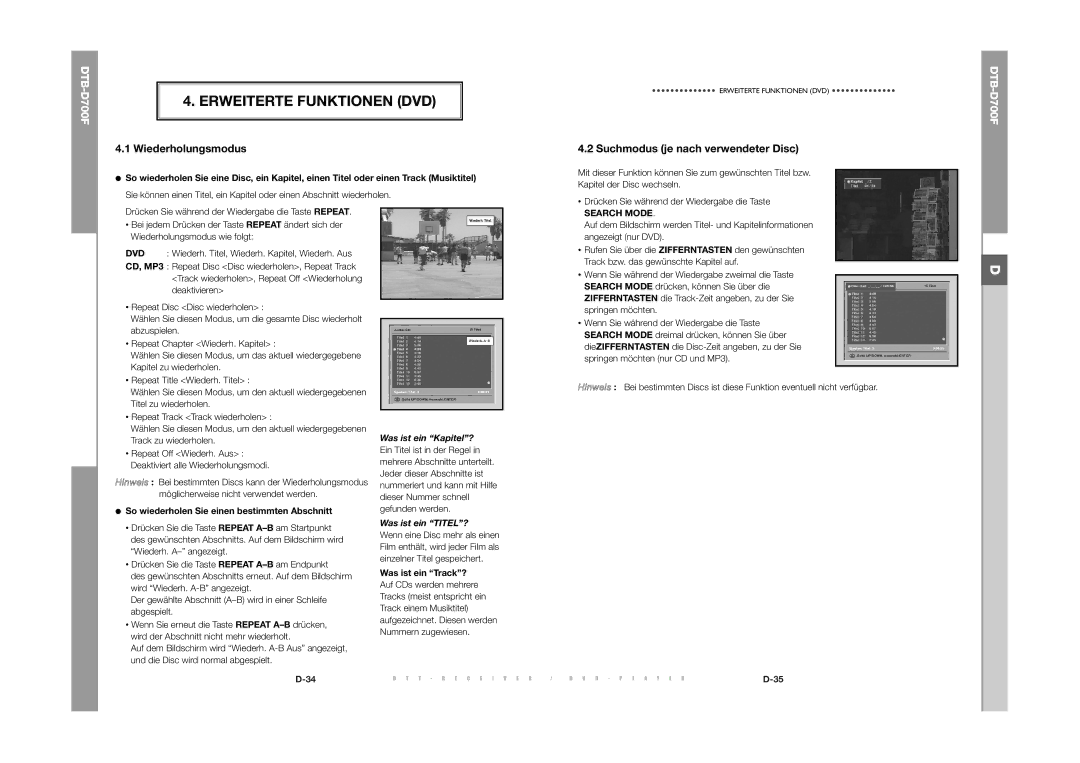 Samsung DTB-D700F manual Erweiterte Funktionen DVD, Wiederholungsmodus, Suchmodus je nach verwendeter Disc, Search Mode 