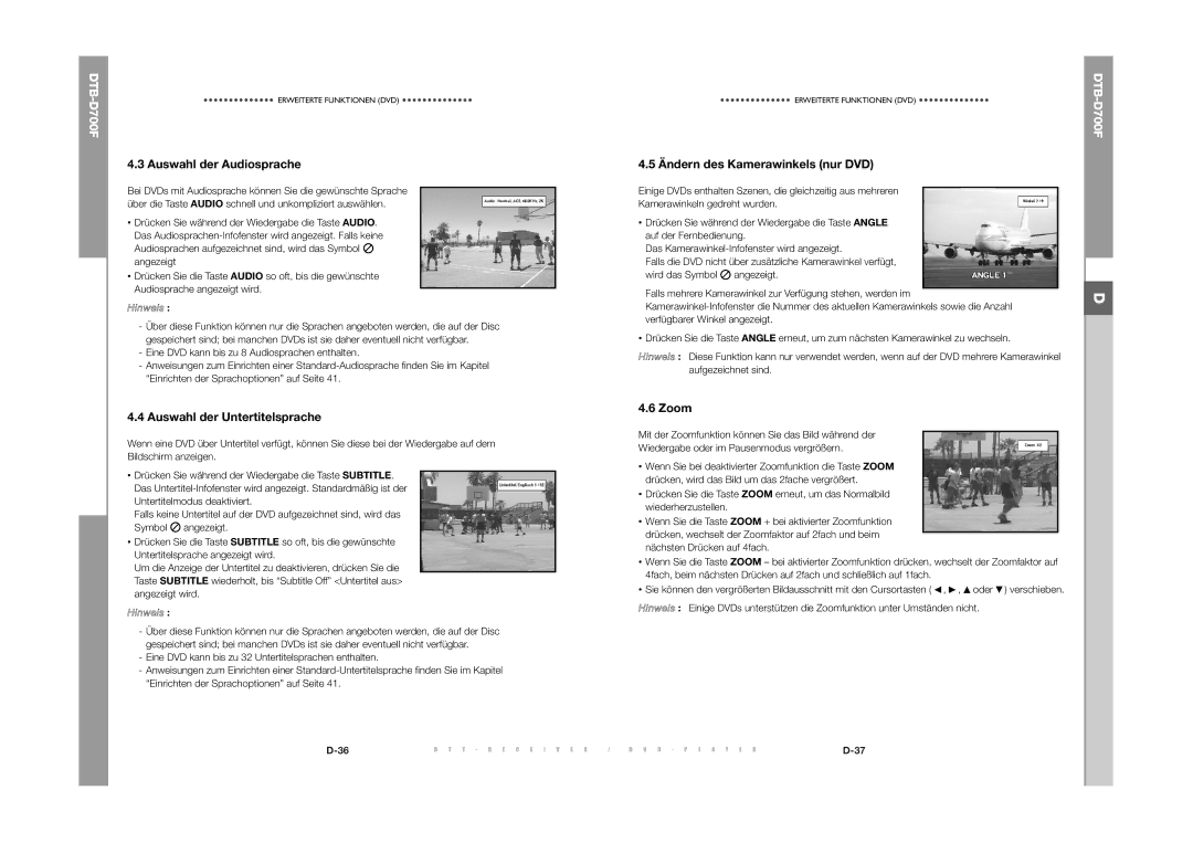 Samsung DTB-D700F manual Auswahl der Audiosprache, Auswahl der Untertitelsprache, Ändern des Kamerawinkels nur DVD, Zoom 