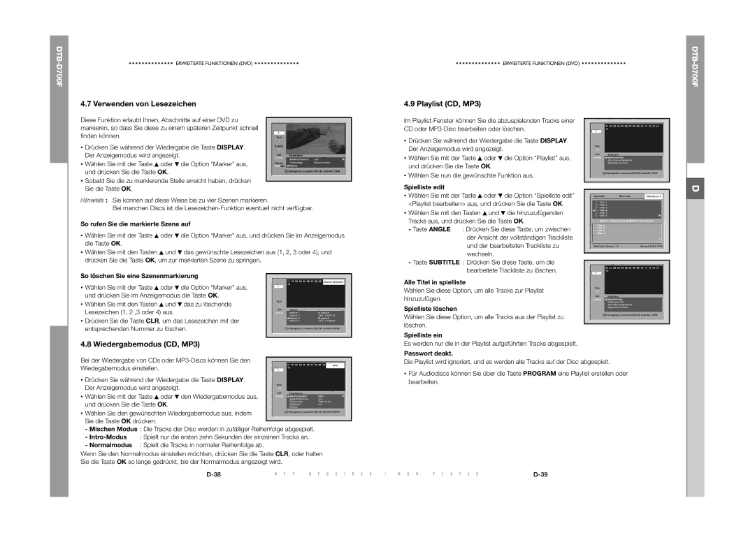 Samsung DTB-D700F manual Verwenden von Lesezeichen, Wiedergabemodus CD, MP3, Playlist CD, MP3 