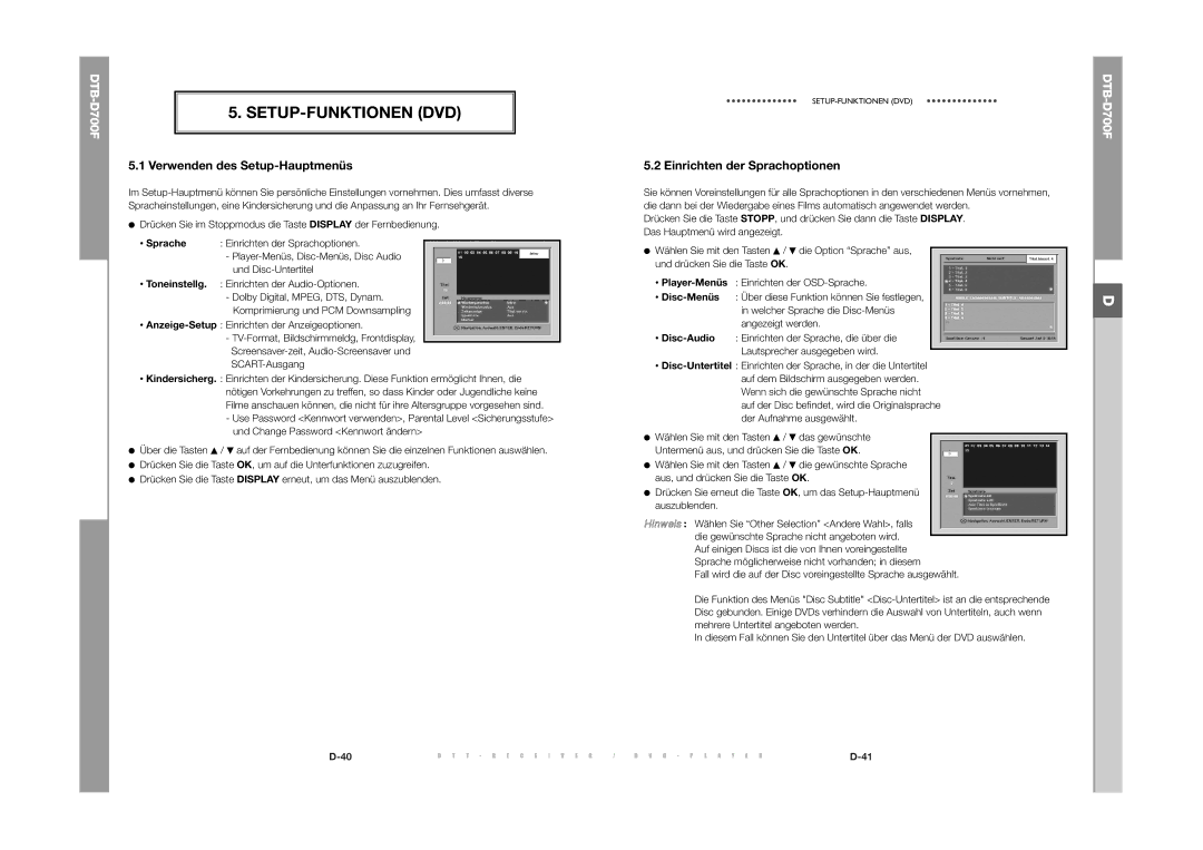 Samsung DTB-D700F manual Setup-Funktionen Dvd, Verwenden des Setup-Hauptmenüs, Einrichten der Sprachoptionen 