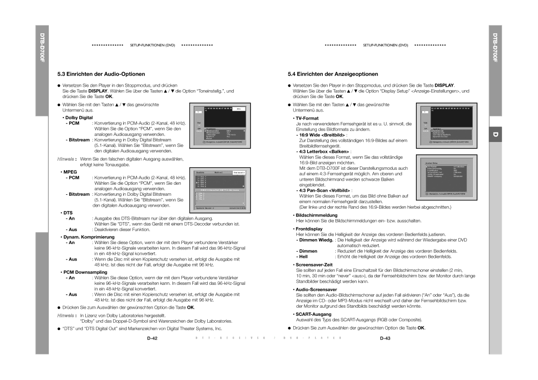 Samsung DTB-D700F manual Einrichten der Audio-Optionen, Einrichten der Anzeigeoptionen, Mpeg 