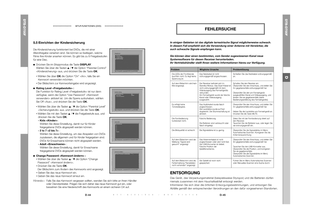 Samsung DTB-D700F manual Fehlersuche, Entsorgung, Einrichten der Kindersicherung 