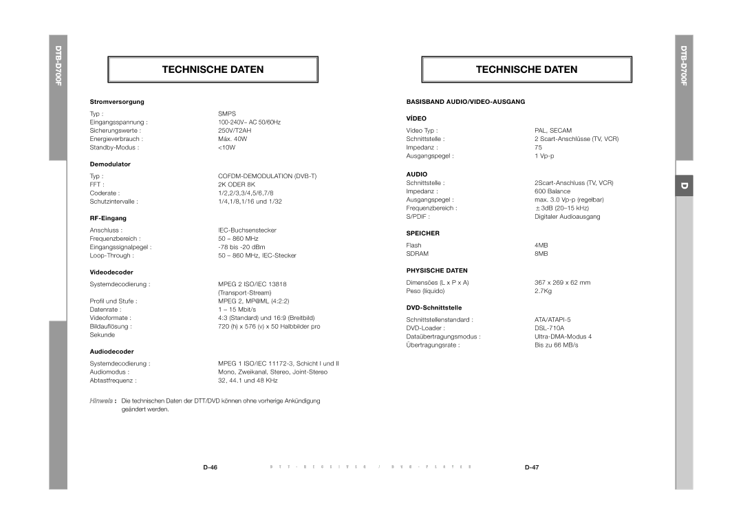 Samsung DTB-D700F manual Technische Daten, Basisband AUDIO/VIDEO-AUSGANG Vídeo, Speicher, Physische Daten 