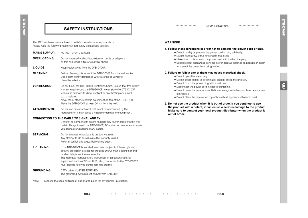 Samsung DTB-D700F manual Safety Instructions, Connection to the Cable TV Signal and TV 