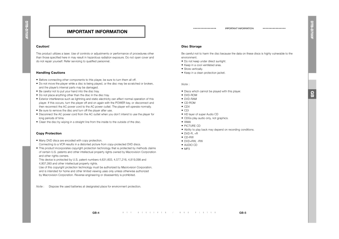 Samsung DTB-D700F manual Important Information, Handling Cautions, Copy Protection, Disc Storage 