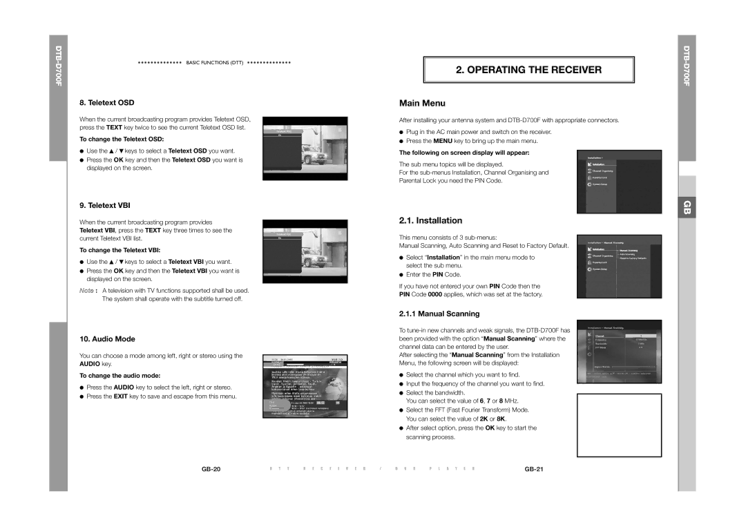 Samsung DTB-D700F manual Operating the Receiver, Teletext OSD, Teletext VBI, Audio Mode, Manual Scanning 