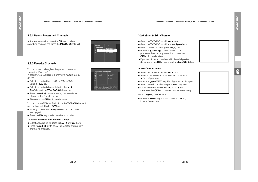 Samsung DTB-D700F manual Delete Scrambled Channels, Favorite Channels, Move & Edit Channel, To edit Channel Name 