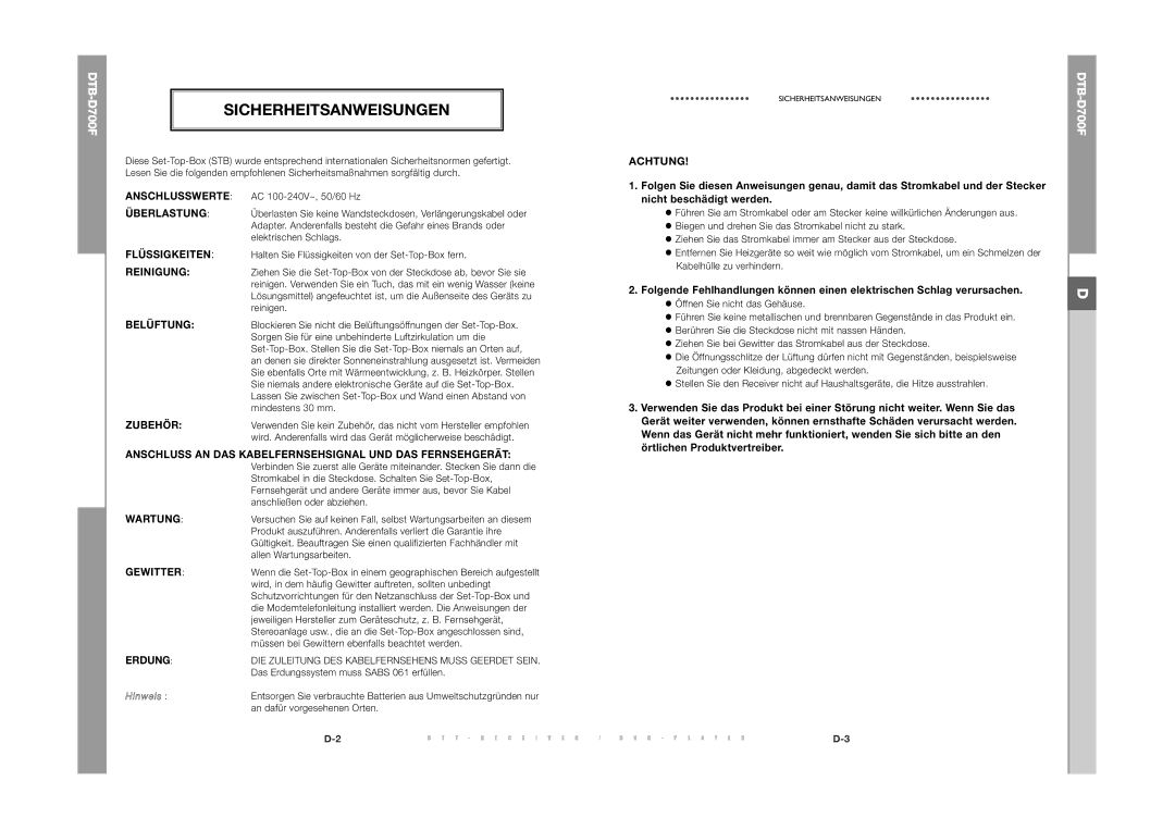 Samsung DTB-D700F manual Sicherheitsanweisungen, Achtung 