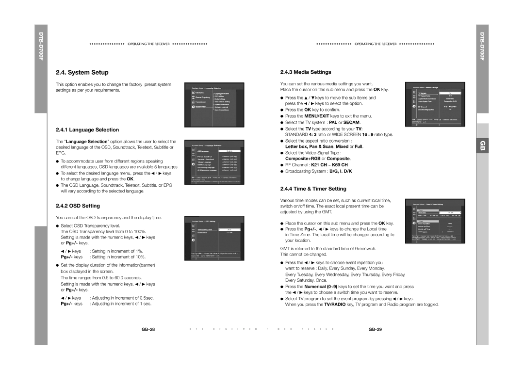 Samsung DTB-D700F manual Media Settings, Language Selection, OSD Setting, Time & Timer Setting 