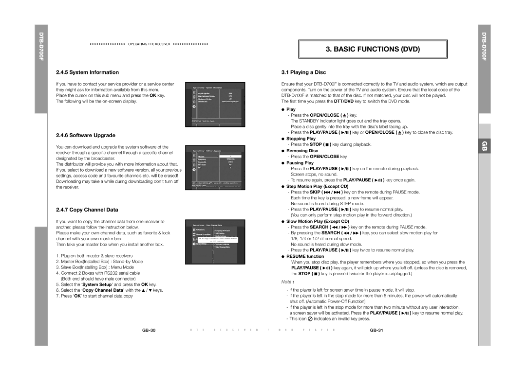 Samsung DTB-D700F manual Basic Functions DVD, System Information, Software Upgrade, Copy Channel Data, Playing a Disc 