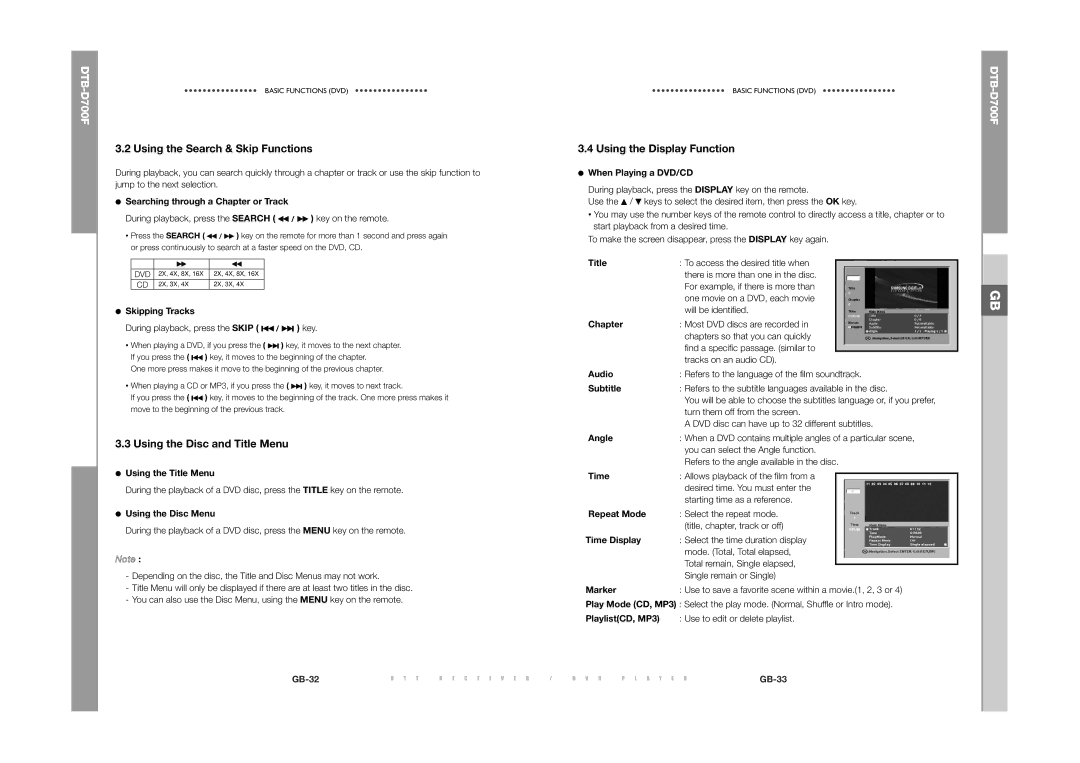 Samsung DTB-D700F manual Using the Search & Skip Functions, Using the Disc and Title Menu, Using the Display Function 